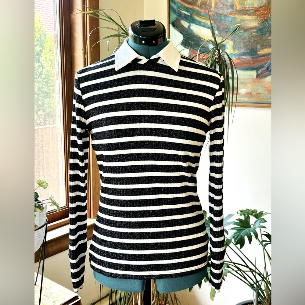 Trina Turk Navy and White Stripe Shirt with Collar Metallic Size Small